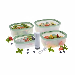 Status Fresko Polipropilén vákuumtároló szett edzett üveg tetővel ( Menta 0,5 L + 0,9 L + 1,4 L + 2,3 L ) + 1 db BVP-50 akkumulátoros vákuumpumpa