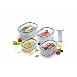 Status Fresko Polipropilén vákuumtároló szett edzett üveg tetővel ( Menta 0,5 L + 0,9 L + 1,4 L + 2,3 L ) + 1 db kézi vákuumpumpa