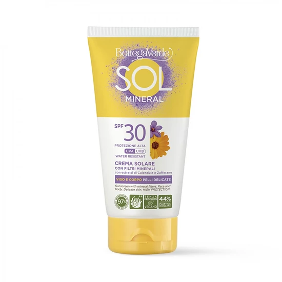 Bottega Verde - SOL Mineral - Fényvédő ásványi szűrőkkel - arc és test - Tenuta Massaini körömvirág és sáfrányvirág kivonattal - magas védelem SPF30 (120 ml) – vízálló - érzékeny bőrre