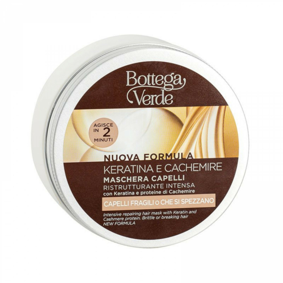 Bottega Verde - Keratina e Cachemire - Intenzív helyreállító hajmaszk - Keratinnal és Kasmír proteinnel (200 ml) - 2 perc alatt hat - Törékeny vagy töredezett haj