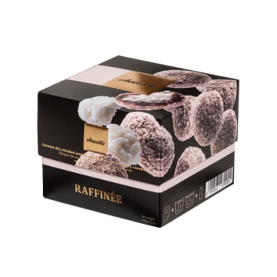chocoMe Raffinée - Étcsokoládéval és málna couverture-rel bevont kókuszkorong 120g
