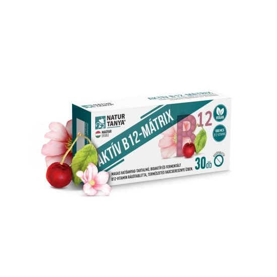 Natur Tanya® AKTÍV B12-MÁTRIX - Magas hatóanyag-tartalmú, bioaktív és fermentált B12-vitamin rágótabletta, természetes vadcseresznye ízben 30db