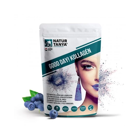 Natur Tanya® GOOD DAY! Kollagén por frissítő áfonya ízben - hal és marha kollagén peptidek, biotin, C-vitamin és cink-biszglicinát 237 g