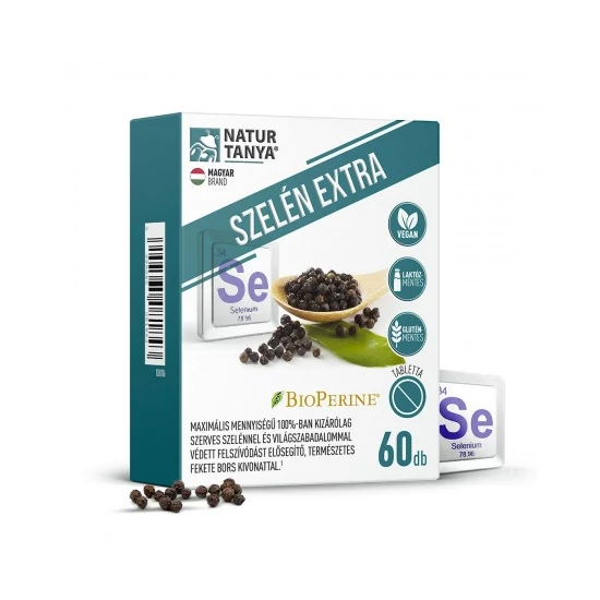 Natur Tanya® SZELÉN EXTRA - Maximális mennyiségű 100% szerves szelén és világszabadalommal védett biohasznosulást fokozó, természetes fekete bors kivonat (60db)