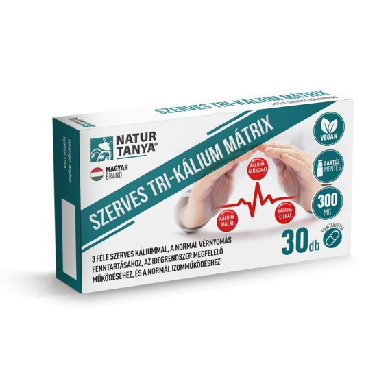 Natur Tanya® Szerves TRI-KÁLIUM MÁTRIX. 3 féle szerves káliummal a normál vérnyomás és izomműködés fenntartásához, az idegrendszer megfelelő működéséhez 30db