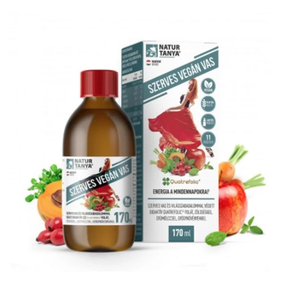 Szerves vegán vas szirup - szerves vas, világszabadalommal védett bioaktív Quatrefolic® folát + 9 zöldség, gyümölcs, gyógynövény  (170 ml)