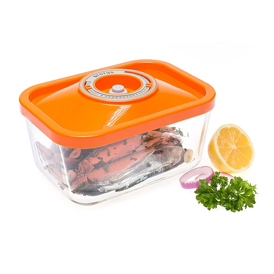 Üveg vákuumtároló doboz, hasáb (narancs, 1,5 L)
