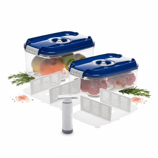 Status szett dobozban (2 db kék vákuumtároló doboz:3L+4,5L+2db csepegtető tálca+1 db kézi pumpa)