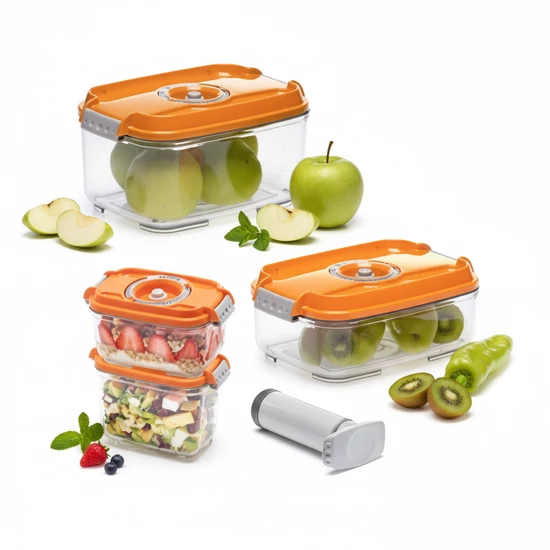 Status szett dobozban (4 db narancs vákuumtároló doboz: 0,5L+0,8L+1,4L+2L+1 db kézi pumpa)